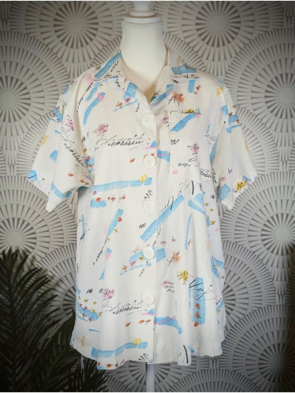 1980's Abstract Print Short Sleeve Button Down Tee - Gender Neutral - Size L/XL